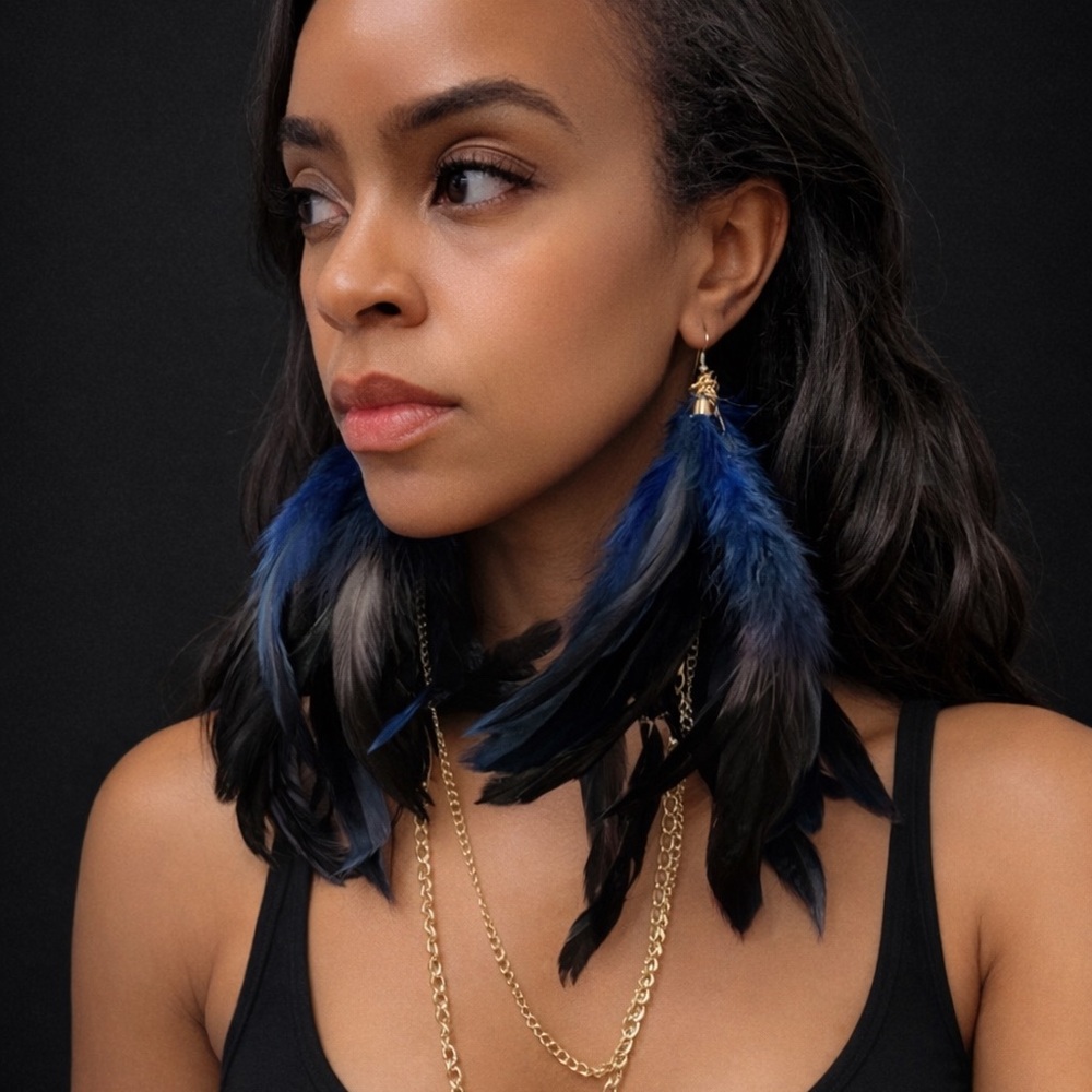 Blue and Black Feather Earrings